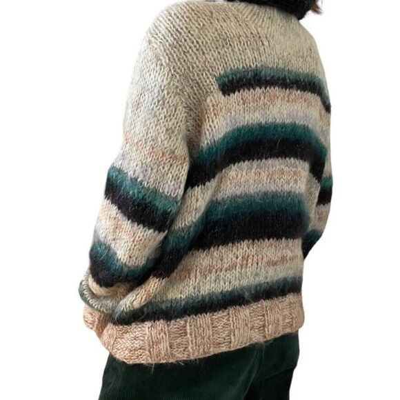 Hand Knit Womens Oversized Mohair Striped Fluffy Fuzzy Cowl Neck Sweater Sz L - Picture 7 of 8